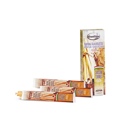 GUALINO,GRISSINI,TORINESI,are,delicious,breadsticks,the,purest,traditional,style,Italian.,These,crunchy,bread,sticks,thin,and,elongated,are,available,for,the,HORECA,channel,comfortable,transparent,bags,carrying,sachets,grs. Now,also,available,for,feeding,format,125,grs,original,flavor,and,thicker...
